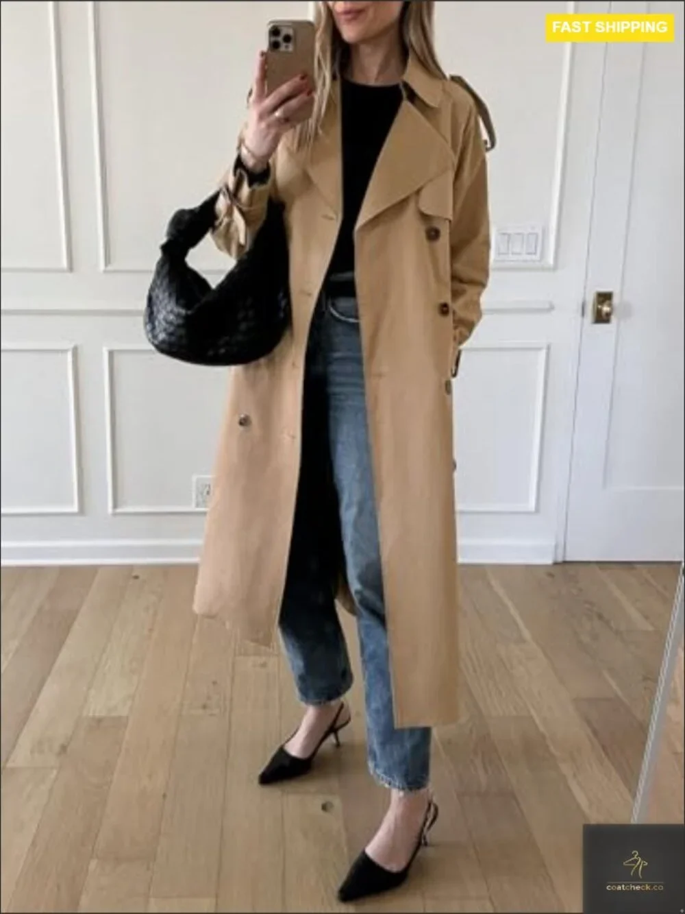 Classic Trench Coat Long Double Breasted Elegant Fall Overcoat with Belt - Picture 3 of 7